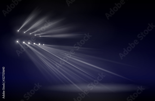 Scene illumination light, vector transparent flash light effect, sunlight special lens. Bright gold flashes and lighting with spotlights. Spot lighting of the stage.