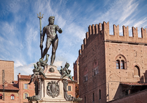 Bologna, Emilia Romagna, Italy: the Renaissence Fountain of Neptune with the statue of the god of water and sea