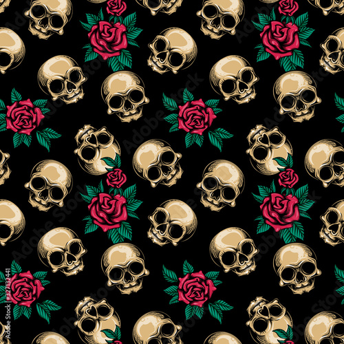 Human skulls with roses seamless pattern. Vector illustration of cute skulls and floral arrangement of red roses and leaves in engraving technique isolated on black background.