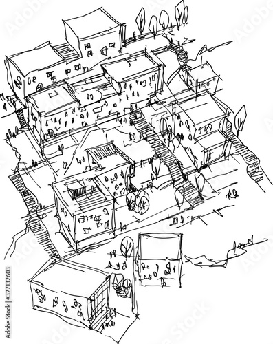 hand drawn architectural sketch of a modern urbanism with buidlings and stairs and trees and people around