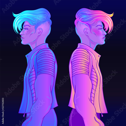 Portrait of a young pretty androgynous woman with short shaved pixie undercut in retro futurism style. Vector illustration in neon bright colors. Blue short hair. futuristic synth wave flyer template.