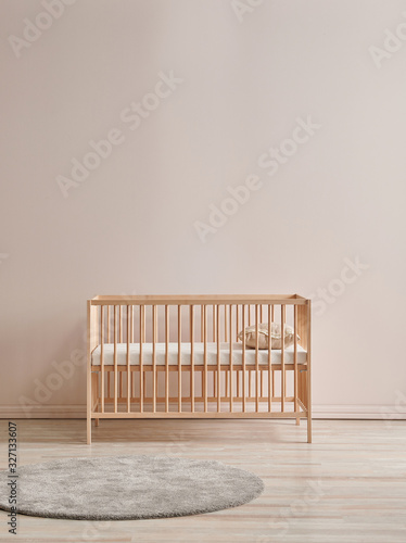 Fototapeta Naklejka Na Ścianę i Meble -  Baby room cradle and crib, bed with frame and lamp concept, pink wall background.