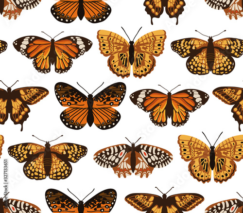Vector seamless pattern with bright butterflies. Hand drawn texture design