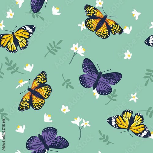 Vector seamless pattern with bright butterflies. Hand drawn texture design