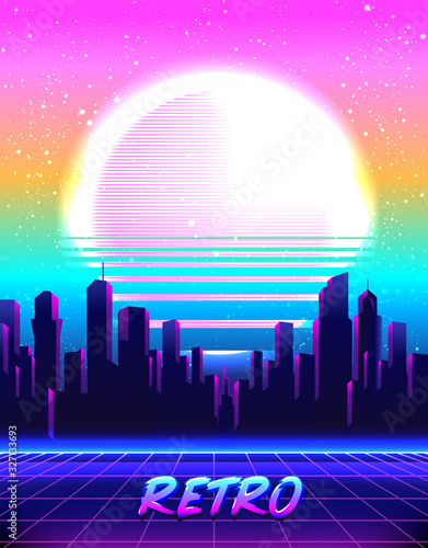 Retro Futurism. Vector futuristic synth wave illustration. 80s Retro poster Background with Night City Skyline. Rave party Flyer design template in 1980s style..