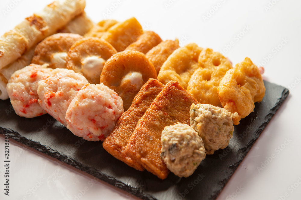 Japanese assorted fish cakes on white background Japanese assorted fish cakes on white background