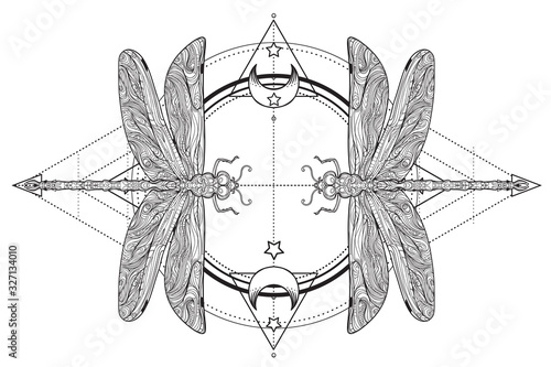 Dragonfly over sacred geometry sign, isolated vector illustration. Tattoo ske...