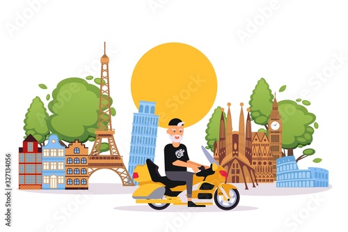 Happy retired elderly man travels on bike in Europe flat vector illustration. Smiling senior person on vacation rides motorcycle. Retirement age caucasian cartoon character on holidays.