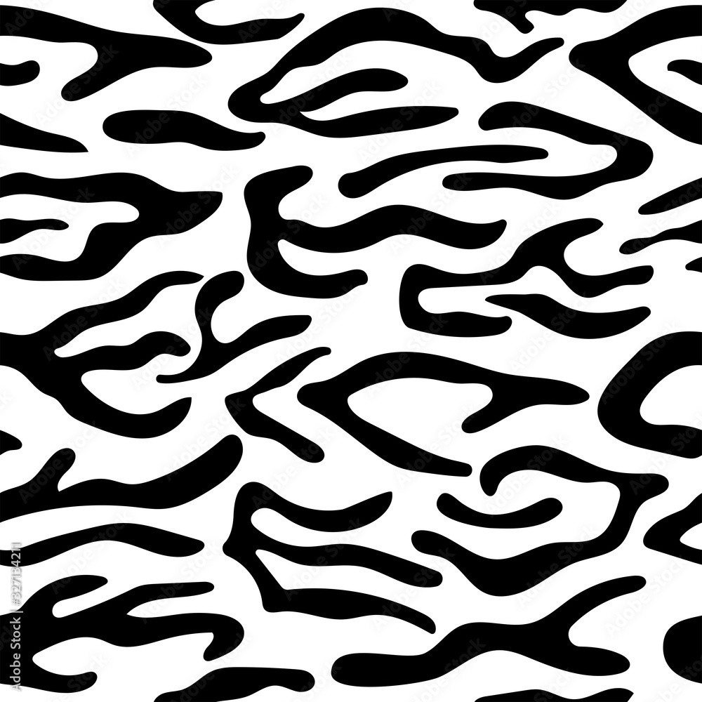 Seamless pattern with abstract shapes in black on a white background. Print with cartoon animal skin texture. Simple vector illustration. Seamless pattern with abstract shapes in black on a white background. Print with cartoon animal skin texture. Simple vector illustration.