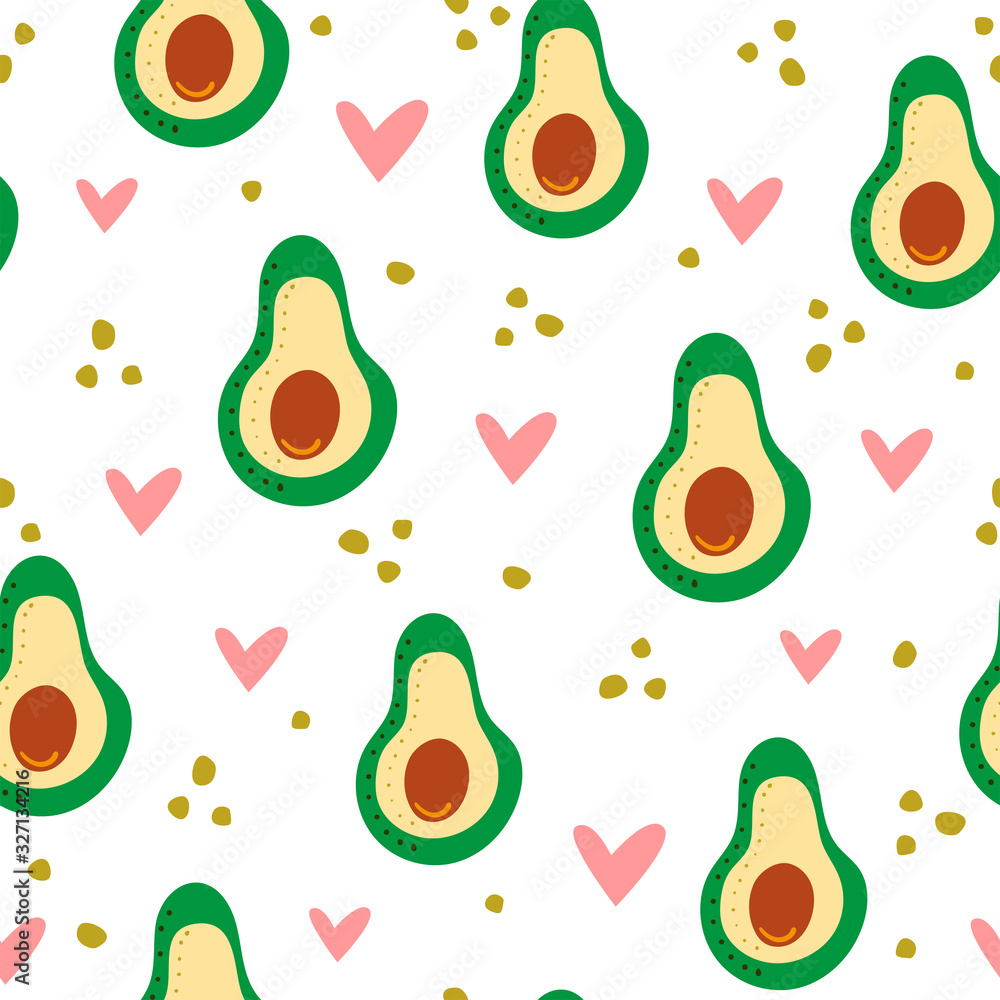 Fototapeta Seamless pattern with avocado, hearts and dots. Cartoon print. Cute vector illustration.