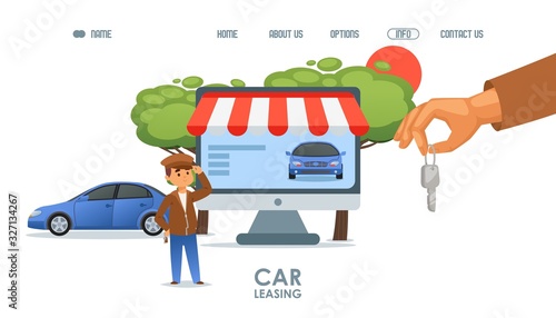 Car leasing service landing page vector illustration with rented auto and customer in cartoon style. Automobile rental web business. Lease purchase online concept. Dealer giving the key to buyer.