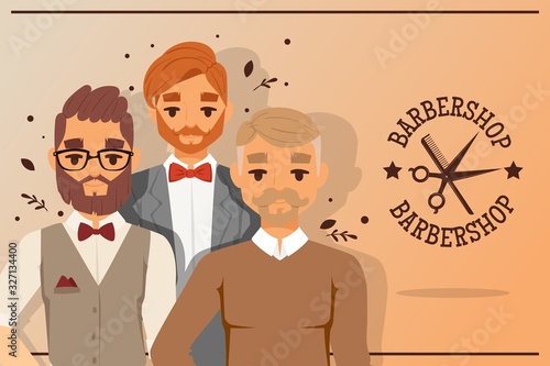 Three hipster barber men with beard and barbershop logo with scissors and comb vector illustration for hair salon banner. Hairstylist cartoon character with moustache and bow tie for fashion logotype.