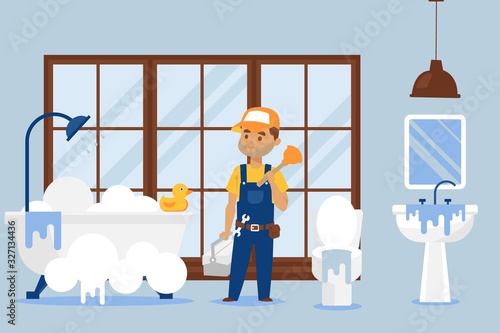 Plumber repair service vector illustration, male cartoon character with wrench and plunger tool fixing bathroom equipment. Handyman removes the sewer blockage and leak in sink, bathtub and toilet.