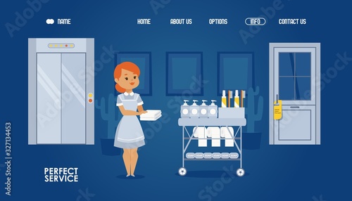 Hotel made woman vector illustration, room cleaning service red female person in uniform, apron. Landing page, homepage, website banner design. Cartoon flat style character near cart with soap, towel.