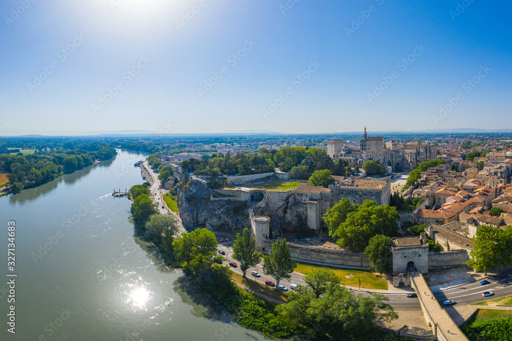 Aerial view of Rhone river and Avignon historical city, France