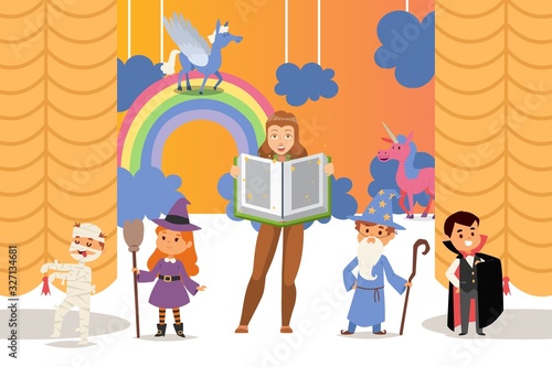 Children theatre performance vector illustration with kids cartoon characters in costumes on stage and woman holding book of fairy tales. Child as vampire, girl as witch, two boys as mummy and wizard.