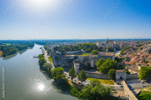 Aerial view of Rhone river and Avignon historical city, France