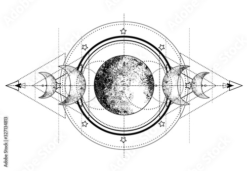 Triple moon pagan Wicca moon goddess symbol. Three-faced Goddess. Maiden, Mother, Crone vector illustration. Coloring book.