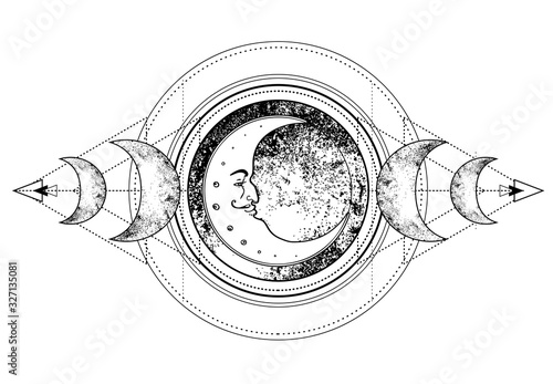 Triple moon pagan Wicca moon goddess symbol. Three-faced Goddess. Maiden, Mother, Crone vector illustration. Coloring book.