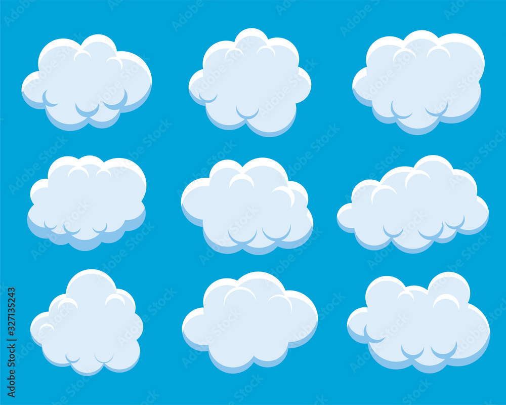 set of fluffy clouds on blue background set of fluffy clouds on blue background