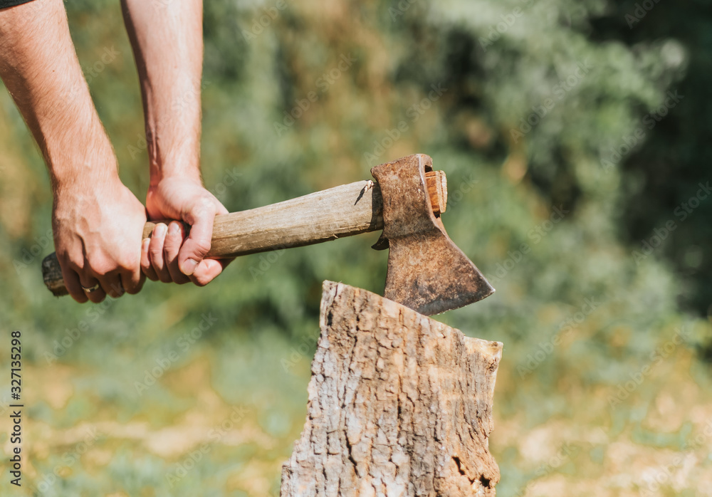 man chopping tree in the yard outdoors man chopping tree in the yard outdoors