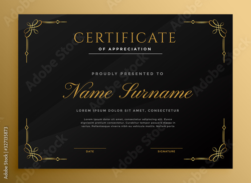 black vintage style certificate template with golden details