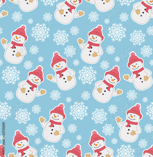 Seamless pattern with snowmen and snowflakes on a blue background. Template for wallpaper  packaging  textile  fabric.