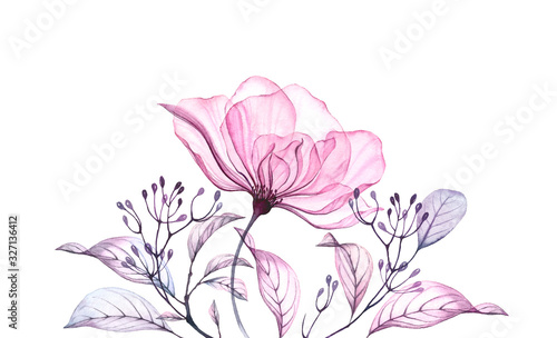 Transparent watercolor pink rose. Bouquet arrangement with dusty pink flower. Detailed petals leaves branches. Spring design elements isolated on white for banners wedding invitations