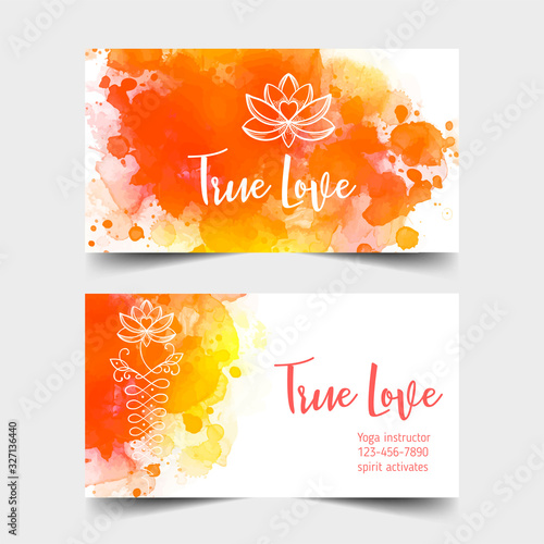Yoga card design. Colorful template for spiritual retreat or yoga studio. Ornamental business cards, oriental pattern over watercolor painted background. Vector illustration.