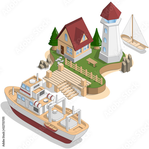 Seascape. Isometric. Isolated on white background. Vector illustration.
