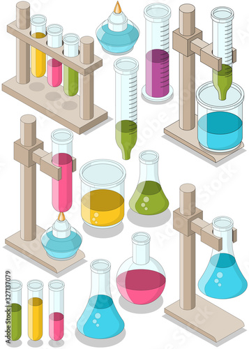 A set of chemical glassware. Isometric. Isolated on white background. Vector illustration.