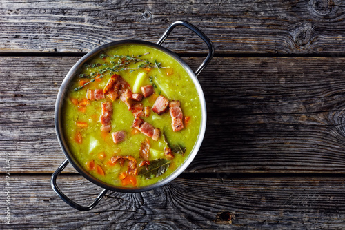 German split pea soup with bacon, copy space