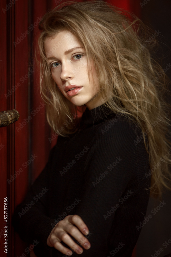 portrait of a young beautiful girl with blond hair on a red background with natural light portrait of a young beautiful girl with blond hair on a red background with natural light