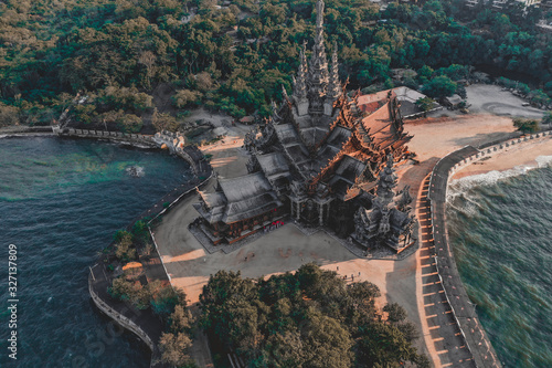 Aerial view of the Sanctuary of Truth in Pattaya, Thailand