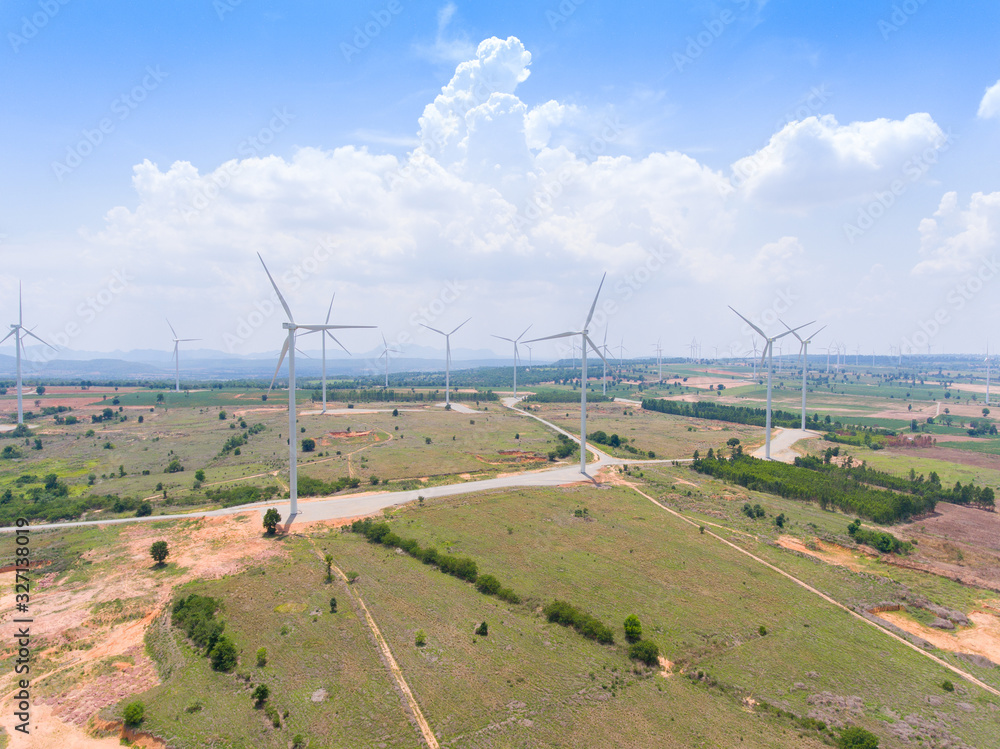 Wind turbine from aerial view,It is renewable energy,Wind turbines can generate electricity. Located in Asia, Thailand