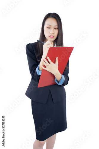 Young Asian business woman in black suit checking document on clipboard isolate.