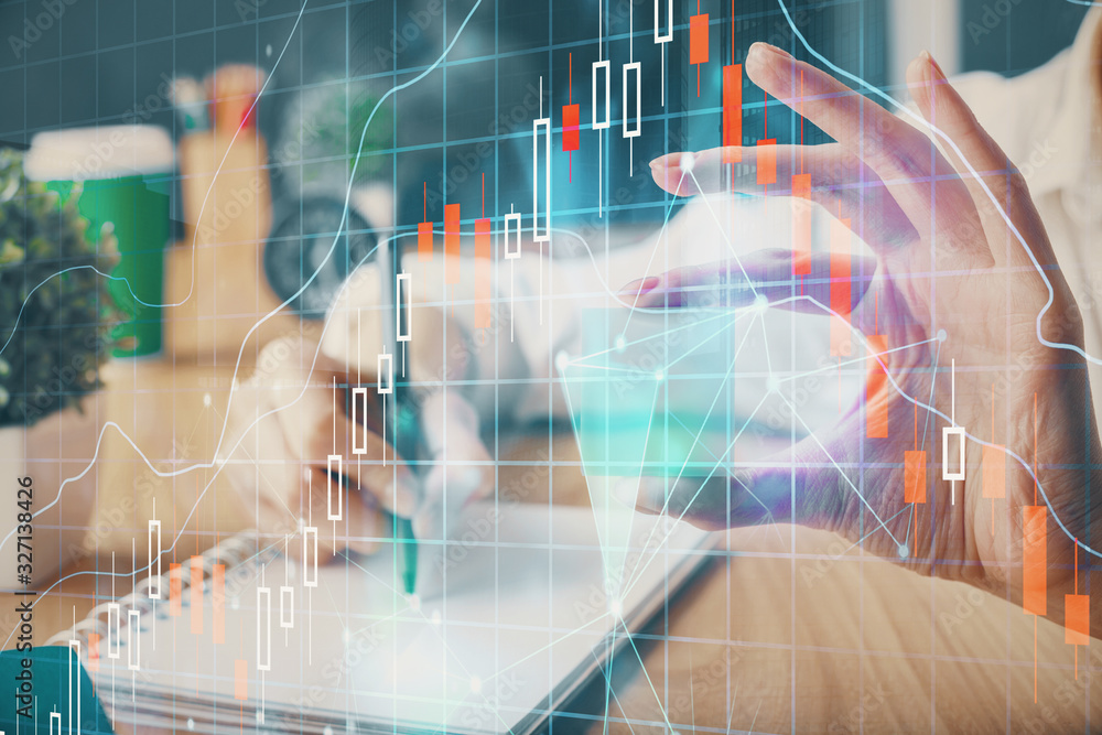 custom made wallpaper toronto digitalForex chart displayed on woman's hand taking notes background. Concept of research. Multi exposure