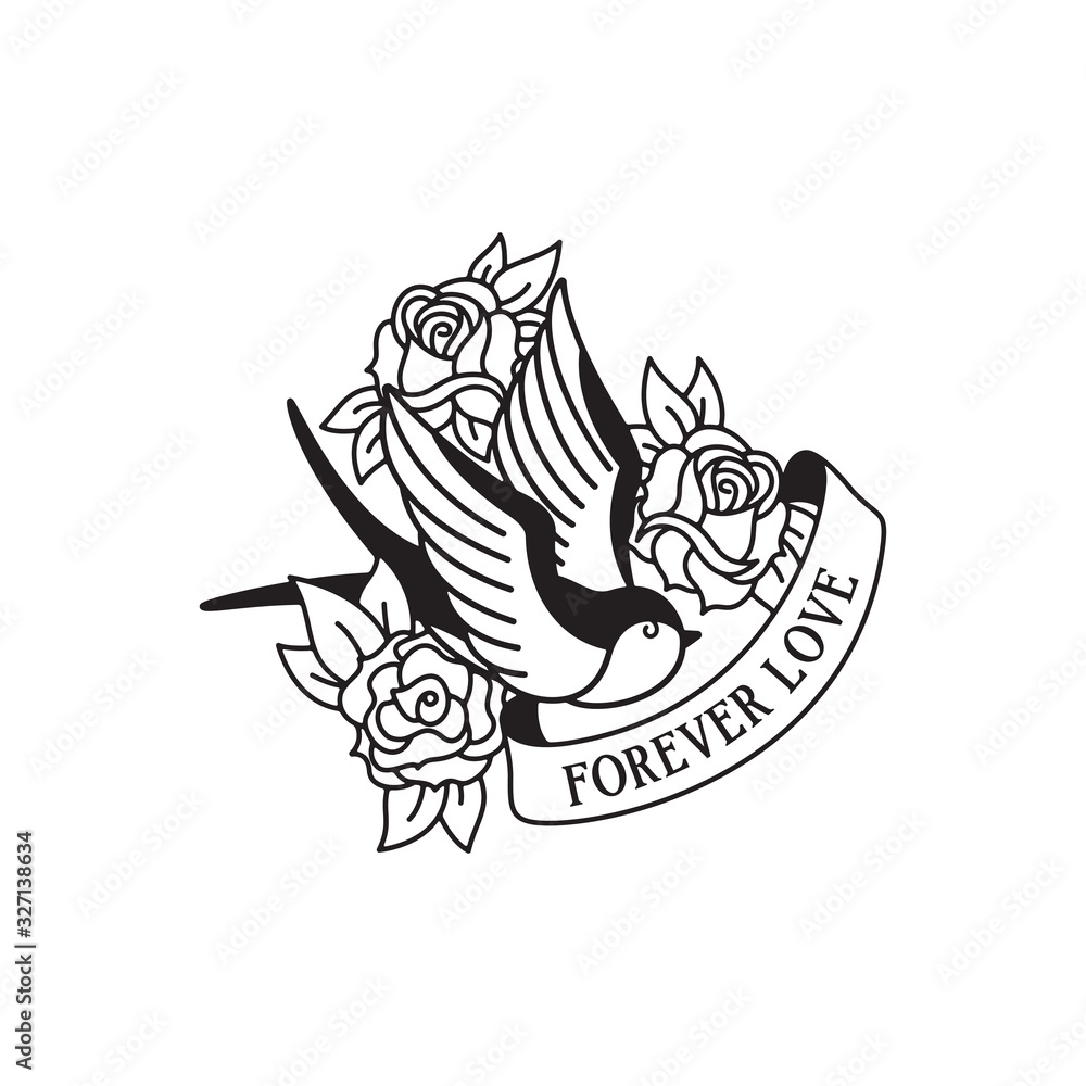 Fototapeta premium Swallow and roses tattoo with wording forever love. Traditional tattoo swallow and rose old school tattooing style ink.