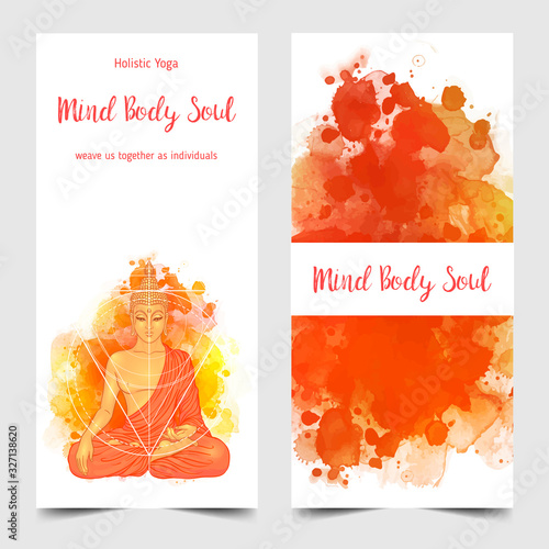 Yoga card design. Colorful template for spiritual retreat or yoga studio. Ornamental business cards, oriental pattern over watercolor painted background. Vector illustration.