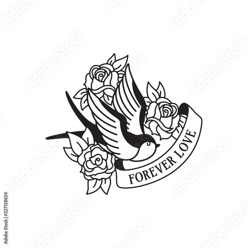 Swallow and roses tattoo with wording forever love. Traditional tattoo swallow and rose old school tattooing style ink.