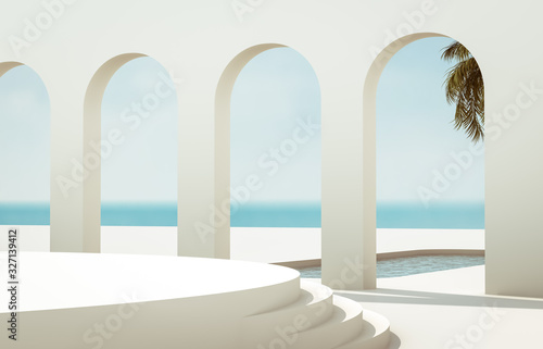 Scene with geometrical forms, arch with a podium in natural day light. minimal landscape background. sea view with palm tree. Summer scene. 3D render background. © mim.girl