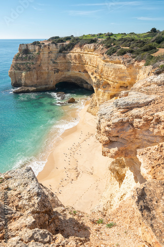 high cliffs on the shore of the Atlantic Ocean. Portugal. Algarve.