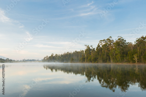 Beautiful nature and fog on the reservoir in khao yai national park
