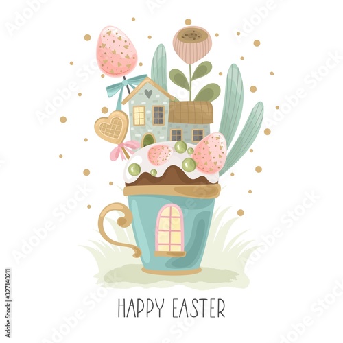 Easter greeting card with a Cup , flowers, eggs, bird, and composition elements. Printing on fabric, paper, postcards, invitations.
