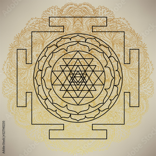 The Sri Yantra or Sri Chakra, form of mystical diagram, Shri Vidya school of Hindu tantra symbol. Sacred geometry vector design element. Vector illustration. Alchemy, occultism, spirituality.