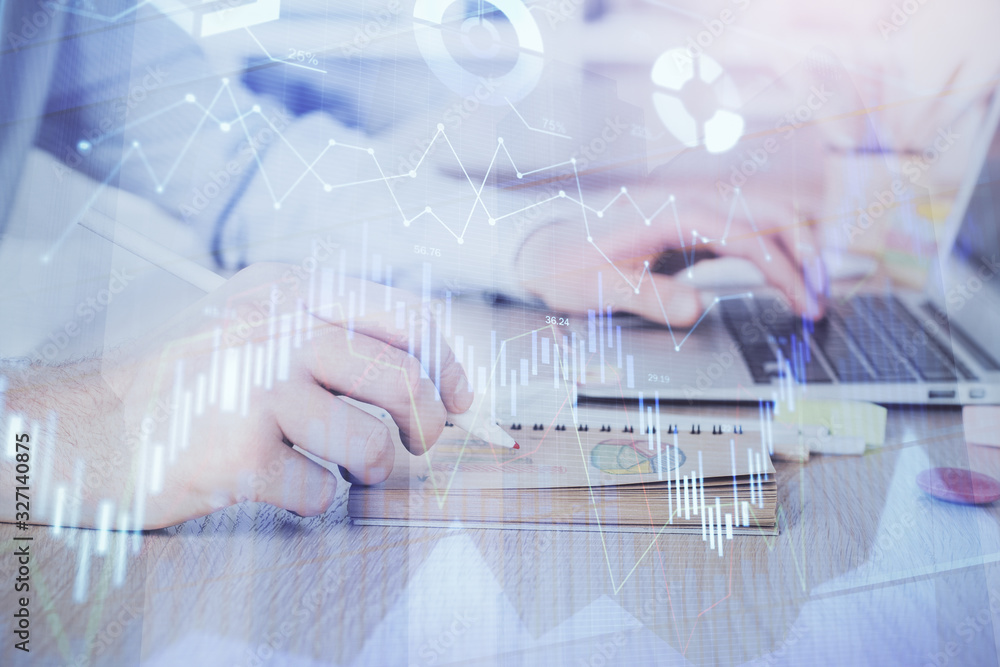 Multi exposure of financial graph with man works in office on background. Concept of analysis. Multi exposure of financial graph with man works in office on background. Concept of analysis.