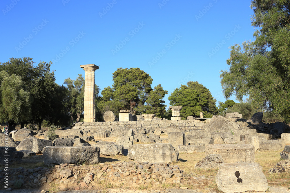 Ruins of Greek temple of Zeus at the Ancient Olympia archaeological site, Peloponnese, Greece