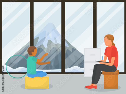 Child patient communicates with doctor psychotherapist vector illustration. Boy in room at female psychotherapist appointment. Psychological session consultation. Windows nature mountain background.