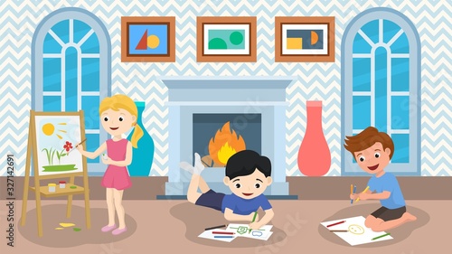 Painting children vector illustration. Cheerful happy boys and girl sitting, standing and lying in childrens kids creative art class club or kindergarten room draw with colored pencils and paints.