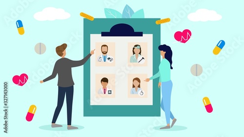Patients choose doctor in hospital or clinic, healthcare and medicine vector illustration. People man, woman choosing doctor physician specialist for consultation and treatment service.
